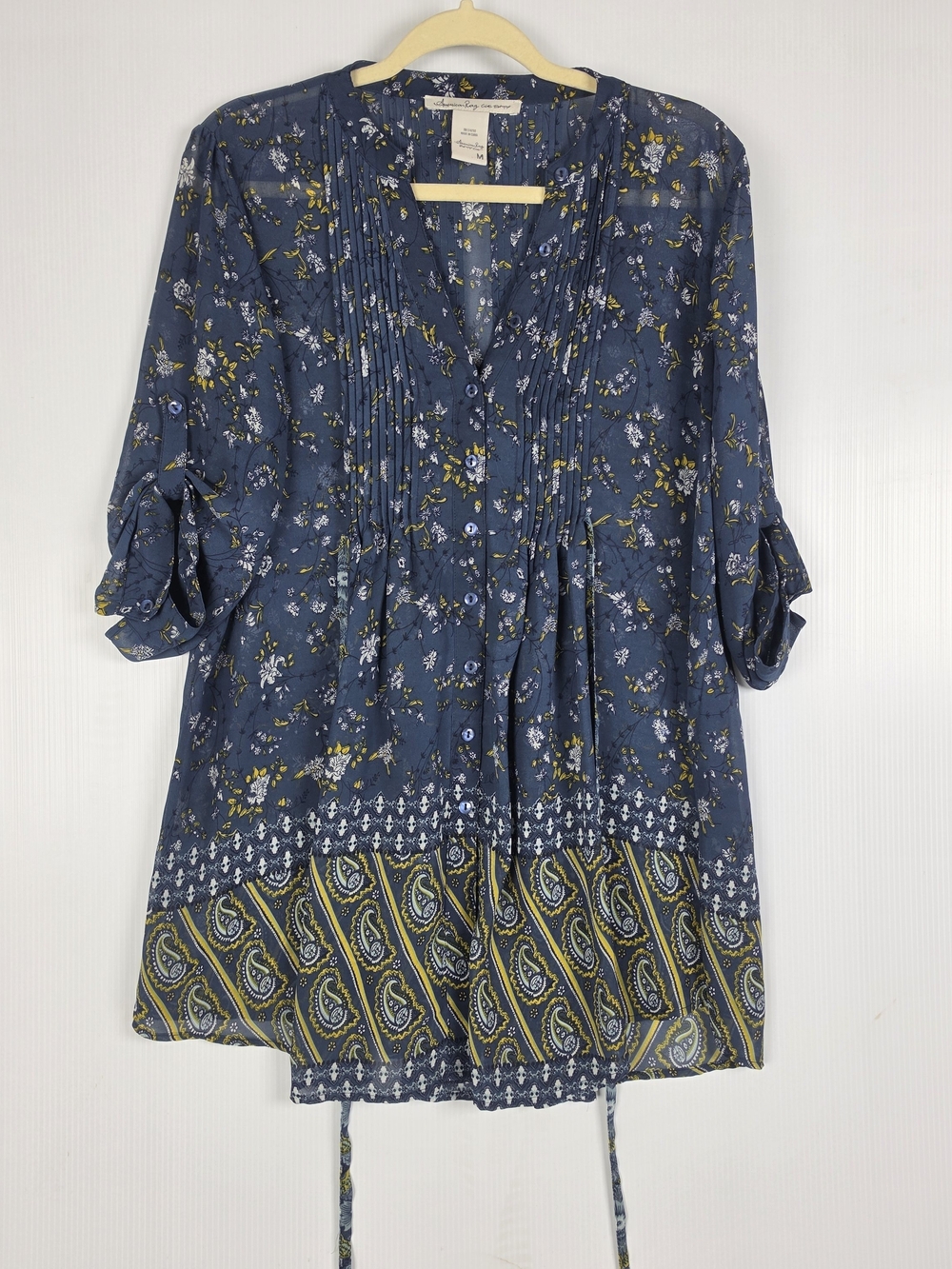 American Rag Blue Floral Long-Sleeve Pintuck Tunic Dress with Border Print